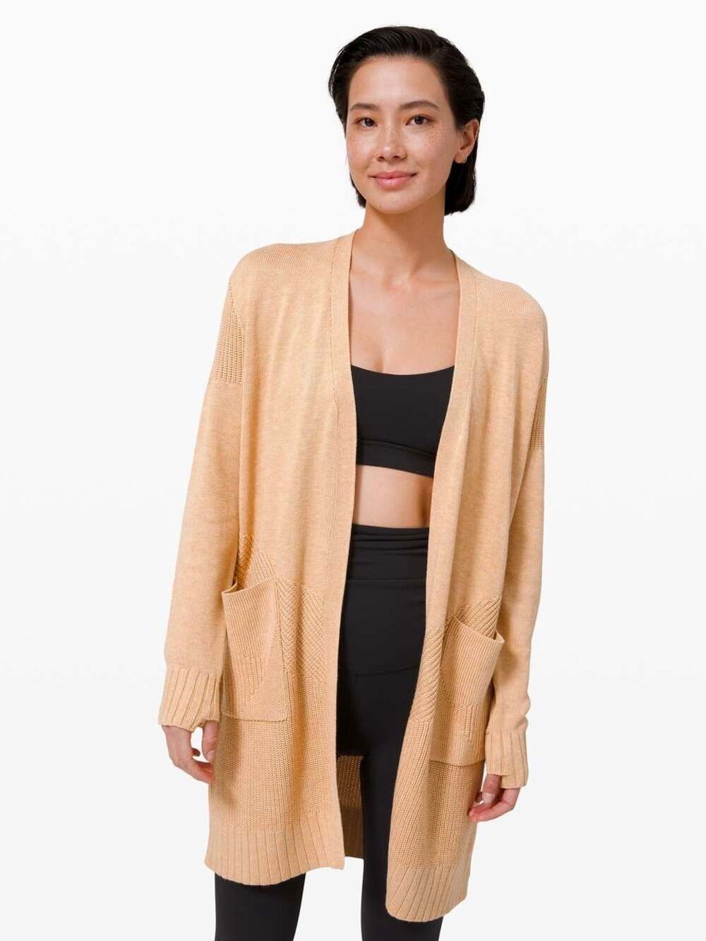 Lululemon Heathered Ivory Peach Long Knit Sincerely Yours Wrap Sweater SMALL